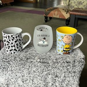 Set of 3 —mugs and stemless wine glass. Charlie Brown, Mickey Mouse and Snowman